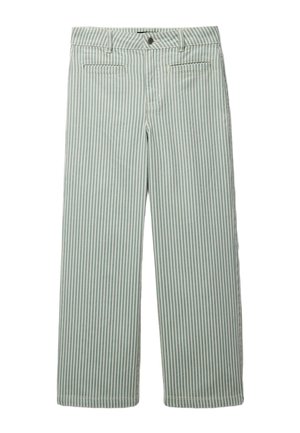 Pantalon rayé vertical vert clair et blanc avec passants de ceinture, fermeture par bouton, et deux poches passepoilées à l'avant.