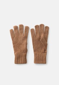 Braune gestrickte Handschuhe mit einem gerippten Bündchen, Fünf-Finger-Design und einer weichen Textur. Geeignet für kühleres Wetter.
