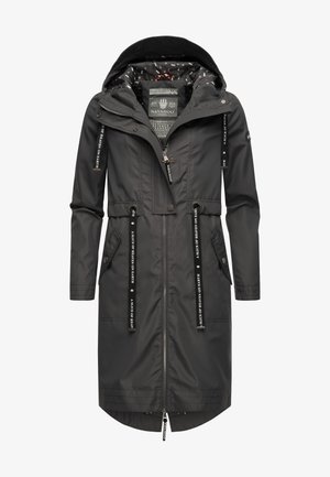 Imperméable à capuche gris foncé avec fermeture éclair à l'avant, poches à rabat boutonnées, et cordons noirs imprimés de texte blanc "UNE TRANCHE DE PARADIS SUR TERRE."