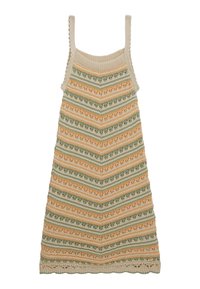 Abito lavorato a maglia con motivo a zigzag in verde chiaro, arancione e beige. Design con spalline e orlo a scallop con dettagli testurizzati.