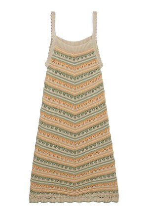 Robe en tricot avec un motif en chevrons dans des tons de vert clair, d'orange et de beige. Design à bretelles avec un ourlet en ondulations et des accents texturés.
