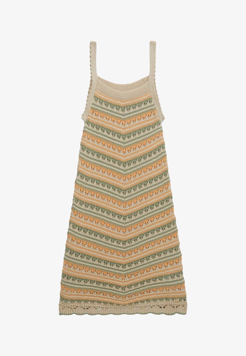 Strickkleid mit Chevron-Muster in Hellgrün, Orange und Beige. Trägerdesign mit gewelltem Saum und strukturierten Akzenten.