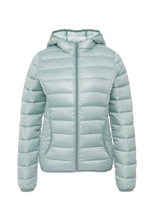 Hellblauer gepolsterter Mantel mit Kapuze, Frontreißverschluss, elastischen Bündchen und seitlichen Taschen; verfügt über ein gestepptes Design und eine glatte, glänzende Textur.