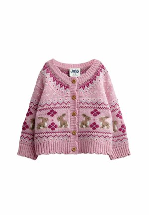 Rosa gestrickter Baby-Cardigan mit Knöpfen, verziert mit Mustern von Hasen und Blumen in Rosa- und Beigetönen.