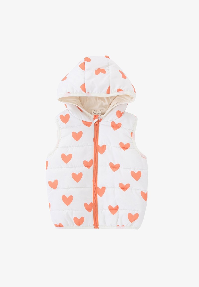 Doudoune sans manches blanche avec capuche, motifs de cœurs corail et fermeture éclair corail à l'avant pour enfants.