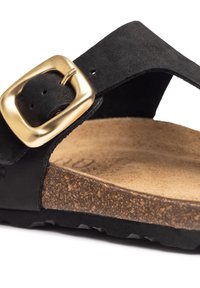 Sandal in suede nero con fibbia dorata, plantare in sughero testurizzato e suola in gomma con pattern antiscivolo.