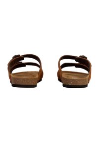 Bruine leren sandalen met drie verstelbare banden. Kurken voetbed, lage hak en een getextureerde rubberen zool. Eenvoudig en functioneel ontwerp.