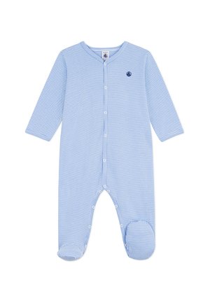 Tutina per neonati a maniche lunghe a righe azzurro chiaro e bianco, con piedi e bottoni a pressione sul davanti, caratterizzata da una piccola toppa a forma di veliero scuro.