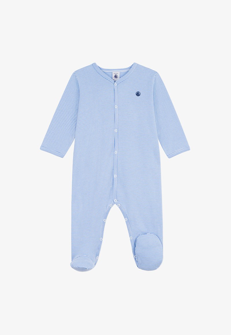 Hellblau-weißer, gestreifter Langarm-Overall für Babys mit Füßchen und Druckknöpfen vorne, ausgestattet mit einem kleinen, dunklen Segelboot-Patch.