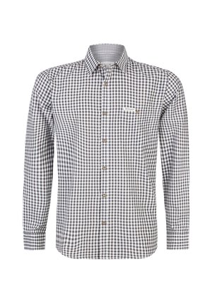 Checkered long-sleeve shirt in white and dark gray. Features a button-down collar, a pocket on the left chest, and brown buttons.