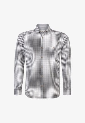 Karierter Langarmshirt in Weiß und Dunkelgrau. Mit einem Button-Down-Kragen, einer Tasche auf der linken Brust und braunen Knöpfen.