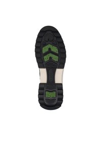 Zwarte rubberen schoenzool met groene accenten en een getextureerd loopvlakpatroon. Bevat een ondersteunende structuur in beige. Maat 37 gedrukt aan de zijkant.