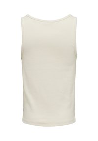 Vista trasera de una camiseta sin mangas de punto beige liso con un escote redondo y un acabado de dobladillo simple.