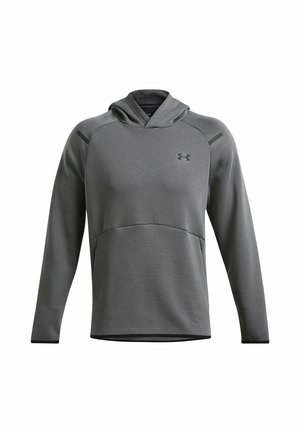 Grå hættetrøje lavet af blødt, åndbart stof. Har en frontlomme og subtile sorte detaljer langs skuldrene. Under Armour-logo til stede.