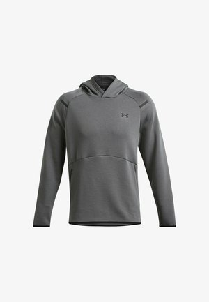 Gray hooded sweatshirt made of soft, breathable fabric. Features a front pocket and subtle black accents along the shoulders. Under Armour logo present.