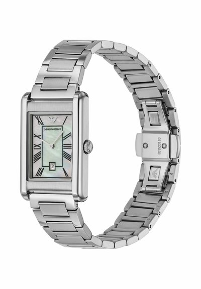 Rectangular silver wristwatch with metal link band, mother-of-pearl dial, Roman numerals, date display, and Emporio Armani logo at 12 o'clock.