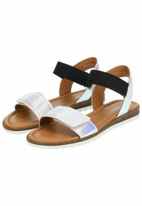 Twee-tint sandalen met een glanzend, iriserend bovenwerk, brede frontband en elastische enkelband. Bruine voetbed met een gestructureerde zool.