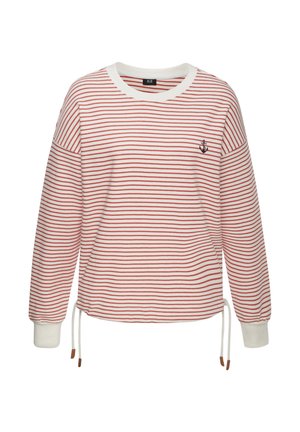 Striped sweatshirt in white and red, featuring long sleeves, a round neckline, and a small anchor emblem on the chest. Adjustable drawstrings at hem.