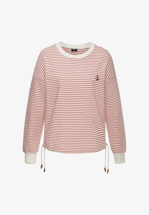 Striped sweatshirt in white and red, featuring long sleeves, a round neckline, and a small anchor emblem on the chest. Adjustable drawstrings at hem.