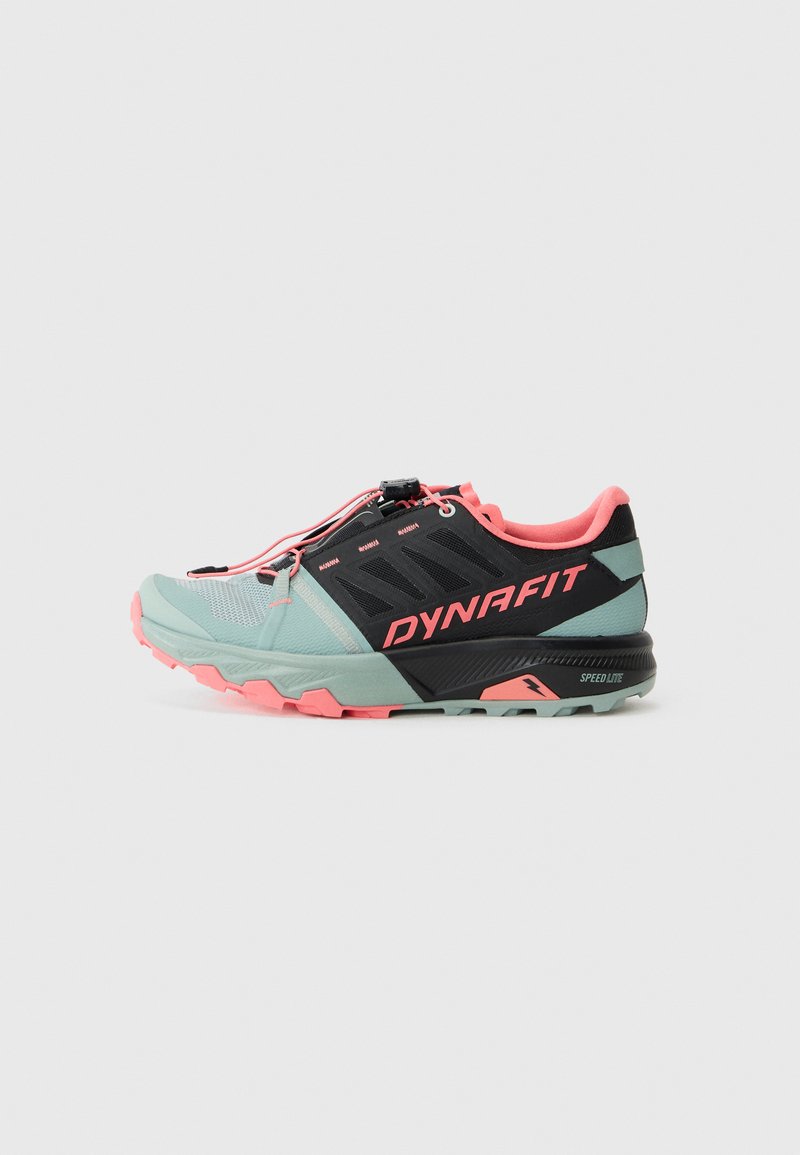 Trail running shoe in turquoise with black accents and pink details. Features a textured surface, a secure lacing system, and rugged outsole.