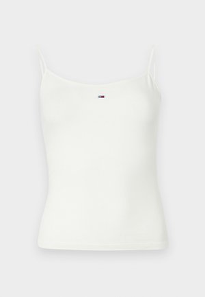 Biały top na ramiączkach bez rękawów z cienkimi paskami i małym prostokątnym czerwono-biało-niebieskim logo na środku z przodu.