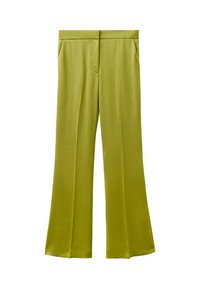 Pantalones de pierna ancha verde con una textura suave, pliegue frontal centrado y dos bolsillos laterales. La tela tiene una apariencia suave y ligera.