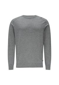 Szary sweter z dzianiny z długimi rękawami, okrągłym dekoltem i teksturowanym wykończeniem. Posiada subtelny wzór oraz małą metkę przy krawędzi.
