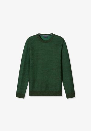 Grüner Strickpullover mit strukturiertem Muster, Rundhalsausschnitt und langen Ärmeln. Rippenbündchen und -saum in einem dunkleren Grünton akzentuiert.