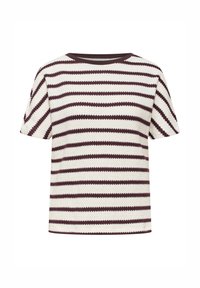 Kortærmet strikket top med tekstur, horisontale mørkebrune og hvide zigzagstriber og rund halsudskæring.