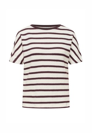 Top de punto texturizado de manga corta con rayas en zigzag horizontales de color marrón oscuro y blanco y escote redondo.