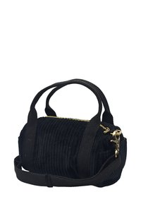 Sac à main en velours côtelé noir de forme ronde, avec deux poignées, une bandoulière, une fermeture éclair dorée et des rayures verticales texturées sur la surface.