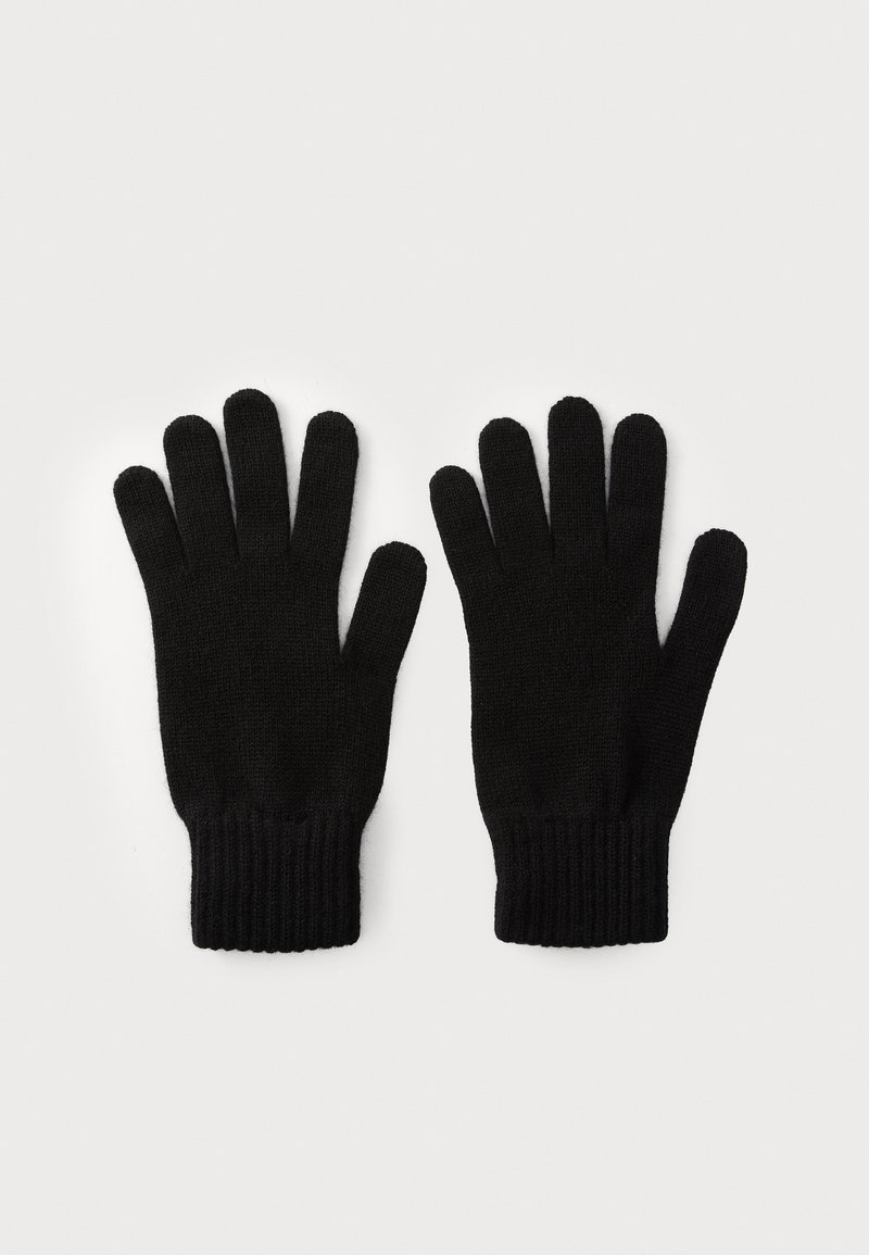 Schwarze gestrickte Handschuhe mit einem gerippten Bündchen, die fünf separate Fingerelemente besitzen. Weiches Material und nahtloses Design für maximalen Komfort.