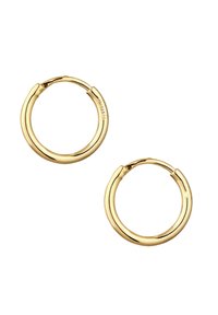 Goldene Creolen mit einer glatten, glänzenden Oberfläche und einer runden Form. Das Design besteht aus einem durchgehenden Ring mit einem sicheren Verschluss.