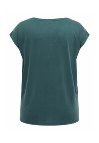 Teal short-sleeve top made of soft fabric, featuring a round neckline and relaxed fit, with a simple and smooth surface texture.