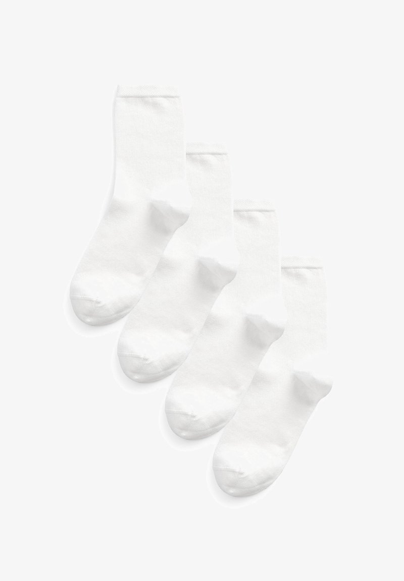 White cotton crew socks, four pairs, soft texture, seamless toe, ribbed cuff, and even stitching. Standard shape and design.