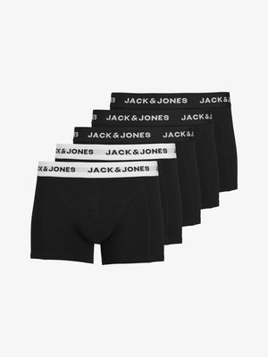 Ensemble de boxer noirs, cinq pièces. Matière en coton douce, coupe ajustée, avec une ceinture élastique blanche contrastante portant le logo "JACK & JONES".