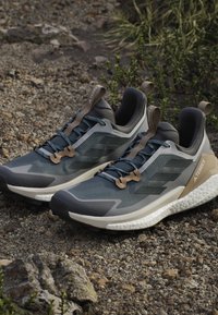 Een paar grijze en beige Adidas Terrex trailrunningschoenen op rotsachtige buitengrond met groene planten op de achtergrond.