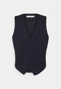 Marineblaue Wollweste mit tiefem V-Ausschnitt, fünf Knopfverschluss, zwei Fronttaschen und einer Brusttasche. Glatte Textur.