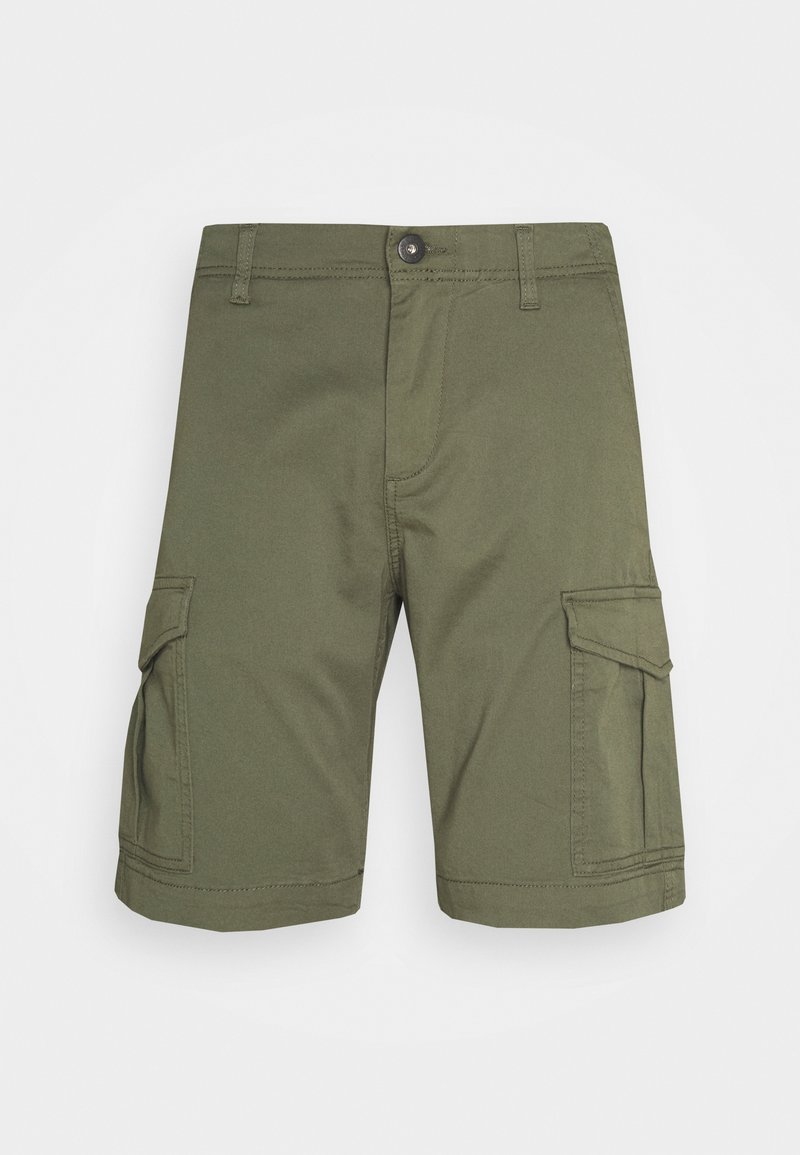 Shorts cargo vert olive en tissu mélange coton, avec plusieurs poches latérales, une fermeture boutonnée à l'avant et une coupe droite.