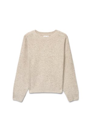 Maglione beige screziato con maniche lunghe e scollo rotondo, mostrato su sfondo bianco.