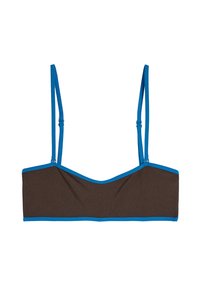 Brązowy, krótki stanik z niebieskimi wykończeniami i regulowanymi ramiączkami. Gładka faktura, prostokątny kształt, bez wypełnienia i ozdób.