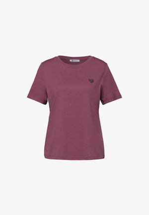 Kurzärmeliges, mauvefarbenes T-Shirt mit Rundhalsausschnitt und kleinem schwarzem Herzlogo auf der linken Brust, schlichtes Design, legere Passform.