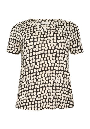 Juodos ir kreminės spalvos trumpomis rankovėmis palaidinė, turinti tekstūruotą tinklo raštą, V formos iškirptę ir laisvą siluetą. Minkšta medžiaga su lygiu paviršiumi.