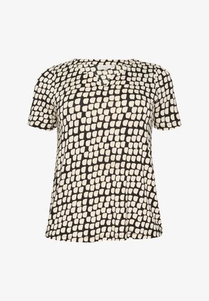 Crna i krem kratkotrajna majica s kratkim rukavima koja prikazuje teksturirani uzorak mreže, V-izrez i ležeran kroj. Mekani materijal s glatkom završnom obradom.