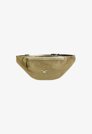 Khaki Cordura-Bauchtasche mit einem cremfarbenen Reißverschluss, verfügt über ein Logo auf der Vorderseite und hat einen schwarzen verstellbaren Gurt. Strukturierte Oberfläche.