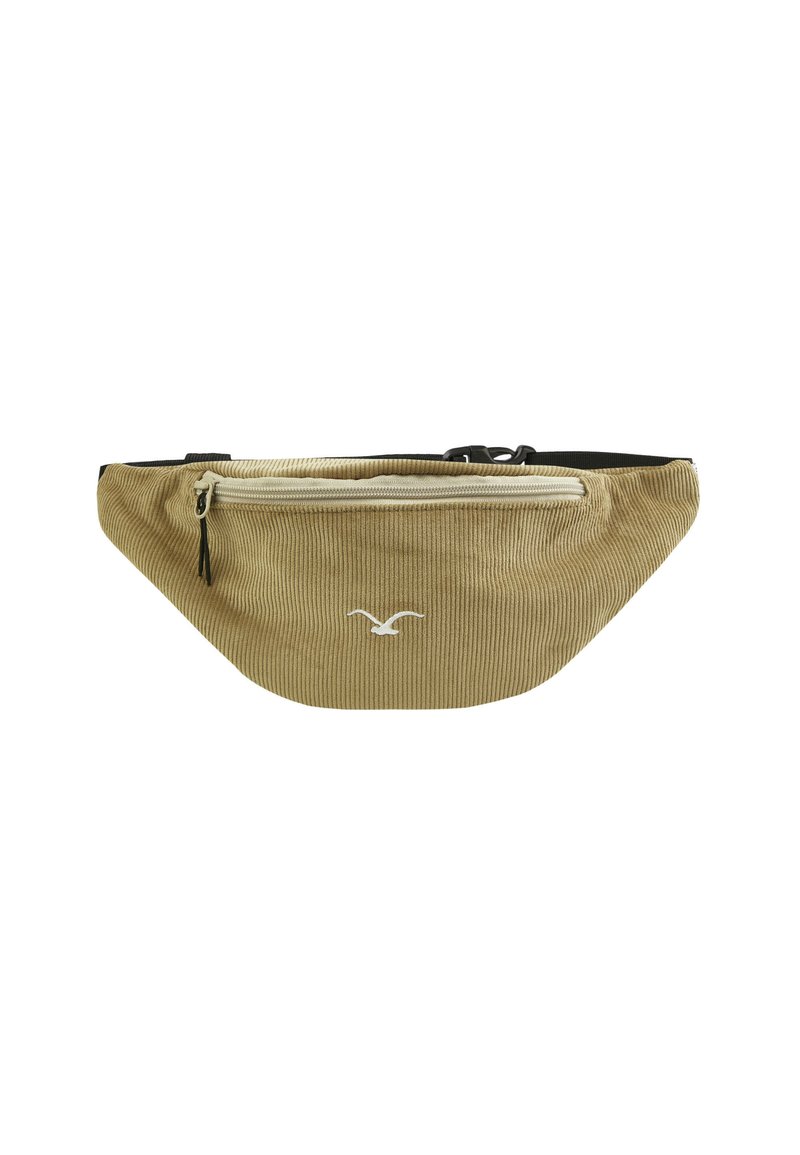 Khaki Cordura-Bauchtasche mit einem cremfarbenen Reißverschluss, verfügt über ein Logo auf der Vorderseite und hat einen schwarzen verstellbaren Gurt. Strukturierte Oberfläche.