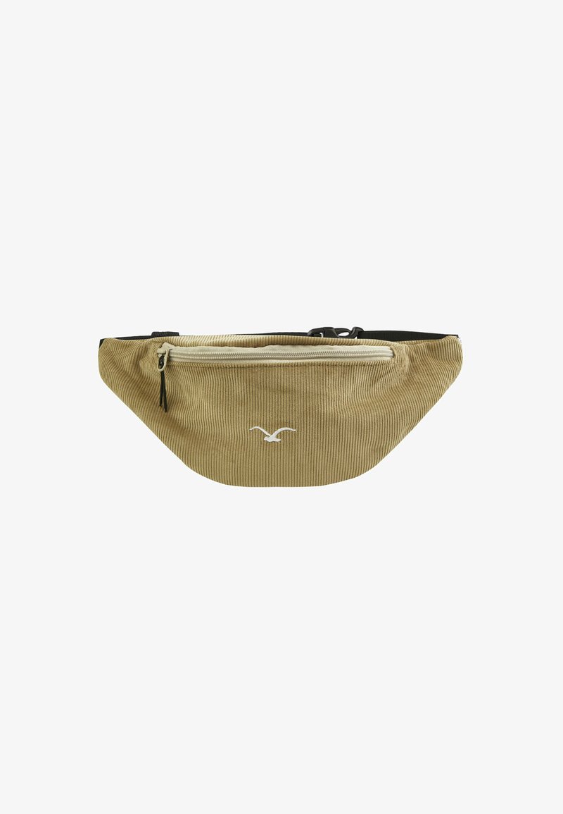 Khaki Cordura-Bauchtasche mit einem cremfarbenen Reißverschluss, verfügt über ein Logo auf der Vorderseite und hat einen schwarzen verstellbaren Gurt. Strukturierte Oberfläche.