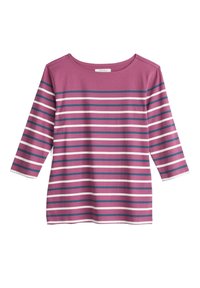 Pasiasty top z długim rękawem w kolorze mauve, z naprzemiennie białymi i granatowymi poziomymi paskami. Miękka, elastyczna tkanina z okrągłym dekoltem.