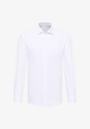 Weißes Langarmhemd mit Button-Down-Kragen, aus glattem Stoff, mit einer Knopfleiste vorne und abgerundeten Manschetten.