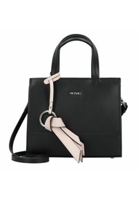 Sac à main en cuir noir au design structuré, avec deux poignées, un accent en cuir rose amovible en forme de gland, et un anneau en métal argenté.